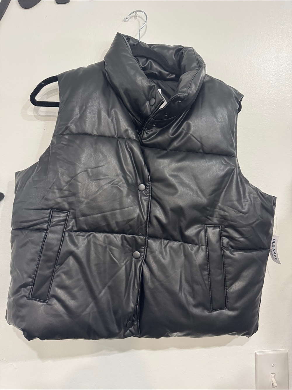 Old Navy Black Faux Leather Puffer Vest with High Collar